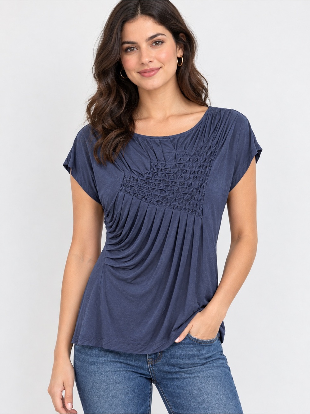 ESCADA Navy Blue Smocked Pleated Top Women’s M Silk Blend Designer Blouse